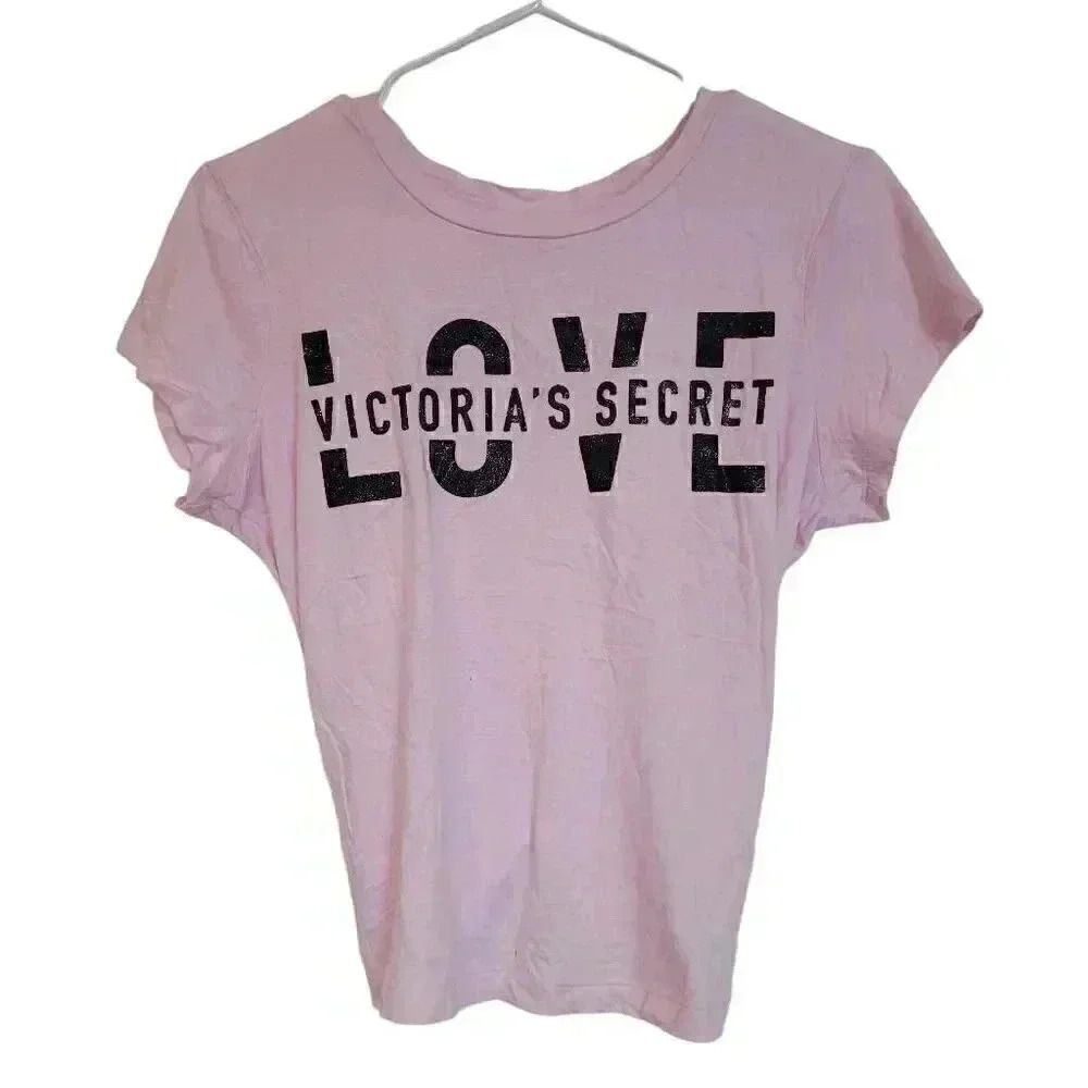 Victoria's Secret Women's Pink Cotton/Modal "Love" Graphic Tie Back Short Sle